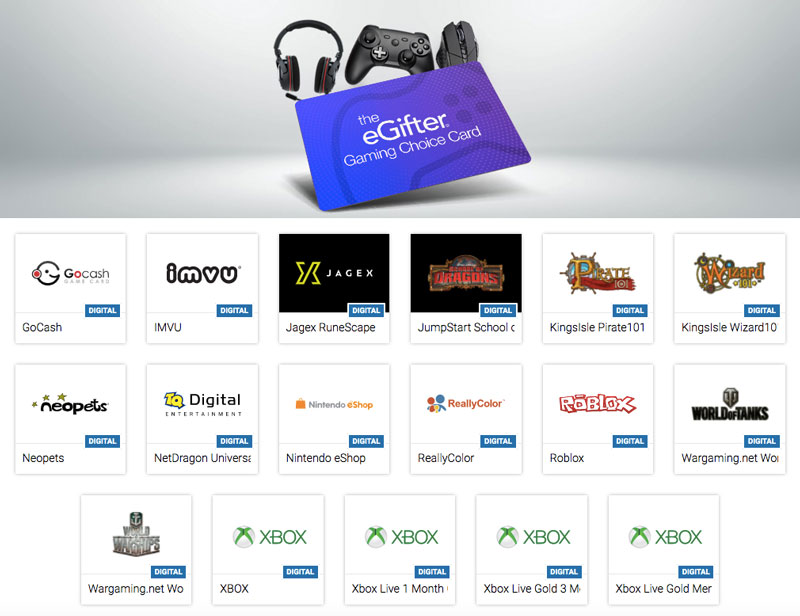 The Gaming Choice Card offers 5% off the purchase of Gocash, imvu, RuneScape, School of Dragons, Kingsisle, neopets, NetDragon, Nintendo, ReallyColor, Roblox, World of Tanks, World of Warships, and xbox eGift cards