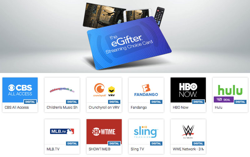The Streaming Choice Card provides 5% off the purchase of CBS All Access, Children's Music Shop, Crunchyroll, Fandango, HBO Now, Hulu, MLB.tv, Showtime, Sling TV and WWE Network eGift Cards