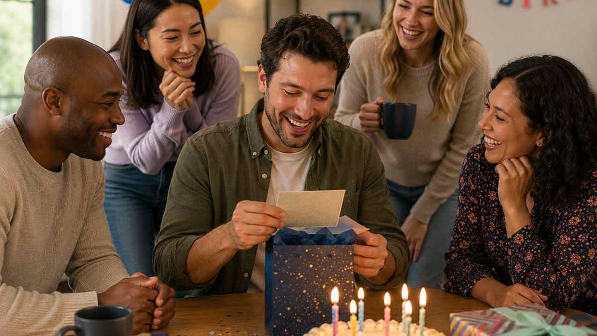Man opening a birthday gift while friends gather around and celebrate