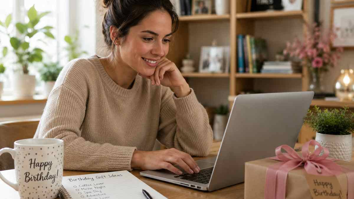 Woman planning a birthday celebration with decorations and gifts