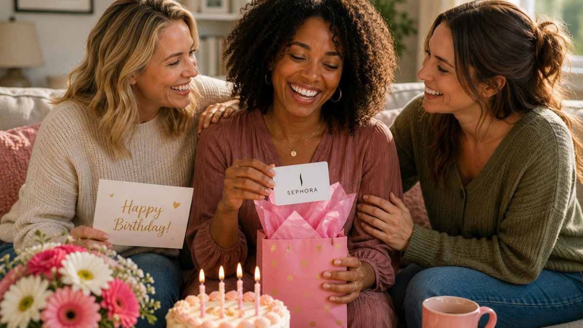 Happy woman receiving birthday gifts and celebrating her birthday at home.