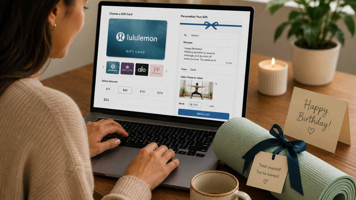 Woman personalizing a birthday gift card online while pairing it with a yoga mat for a thoughtful wellness-themed birthday gift.
