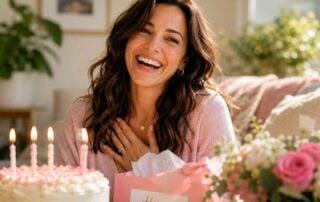 Happy woman celebrating her birthday at home with a cake, flowers, and birthday gifts in a bright sunlit room.