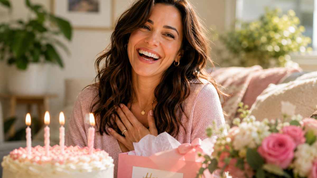 Happy woman celebrating her birthday at home with a cake, flowers, and birthday gifts in a bright sunlit room.