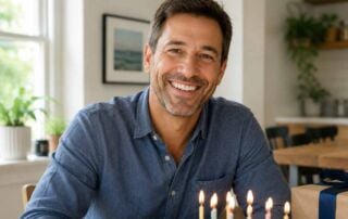 Smiling man celebrating his birthday at home, seated at a table with a birthday cake and wrapped gift in a bright, sunlit room.