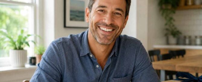 Smiling man celebrating his birthday at home, seated at a table with a birthday cake and wrapped gift in a bright, sunlit room.