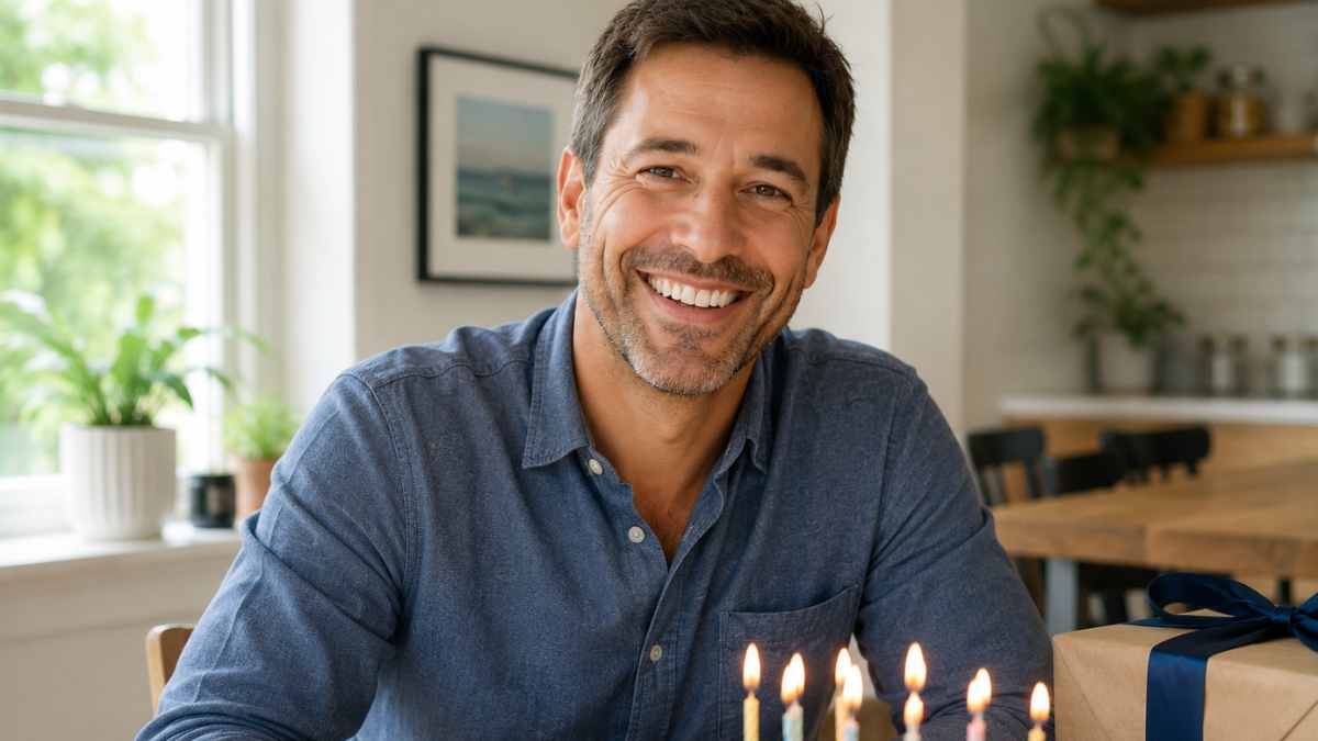 Smiling man celebrating his birthday at home, seated at a table with a birthday cake and wrapped gift in a bright, sunlit room.