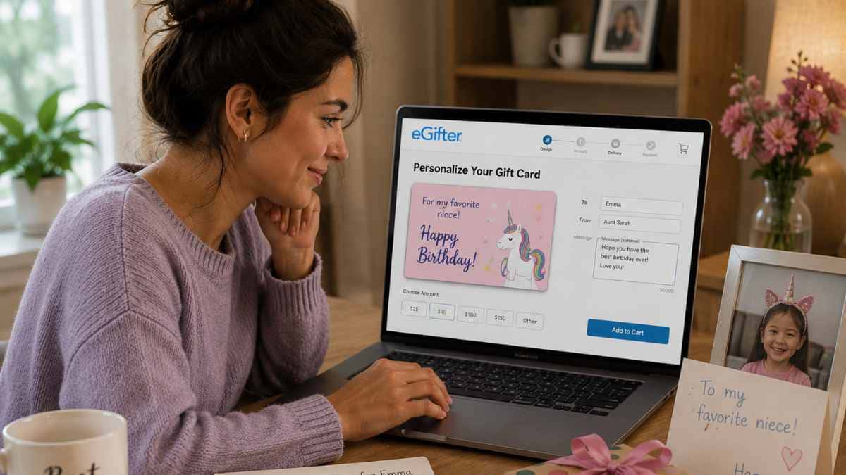 Aunt creating a personalized digital birthday gift card for her niece on a laptop