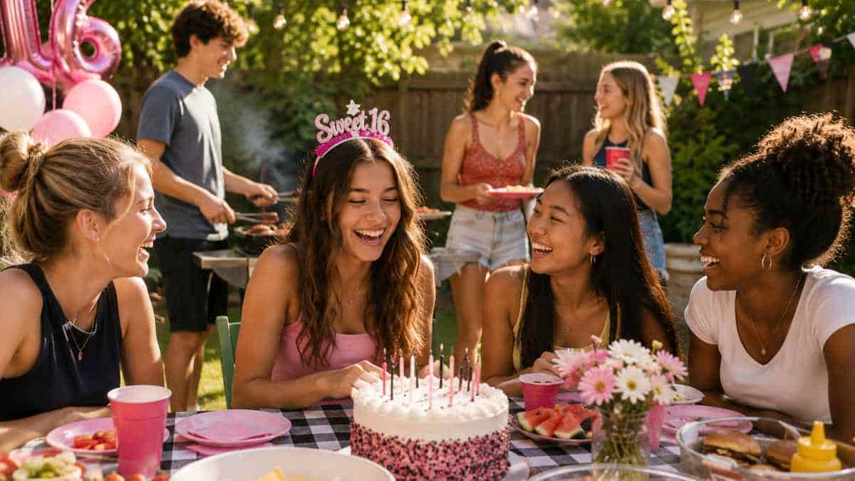 birthday teen party Friends celebrating a Sweet 16 birthday party outdoors with cake, barbecue food, and festive decorations.