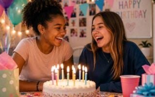 Two teenage friends laughing together at a birthday party with cake, candles, balloons, and gifts.