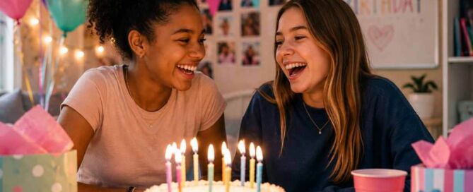 Two teenage friends laughing together at a birthday party with cake, candles, balloons, and gifts.