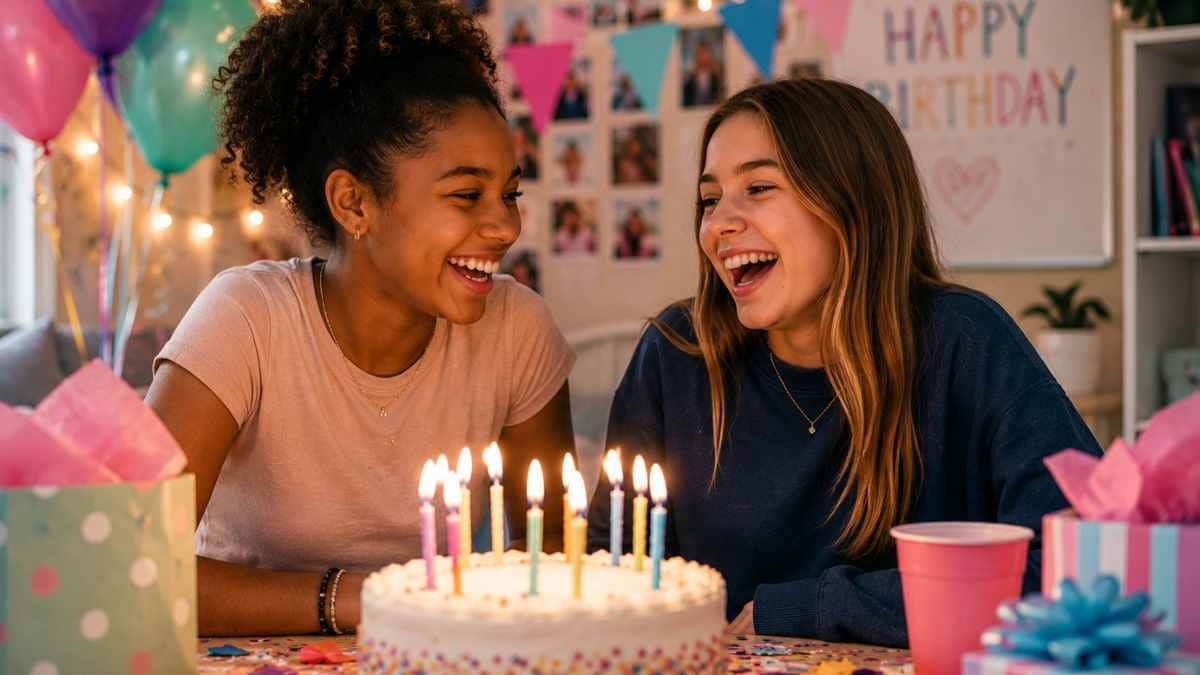 Two teenage friends laughing together at a birthday party with cake, candles, balloons, and gifts.