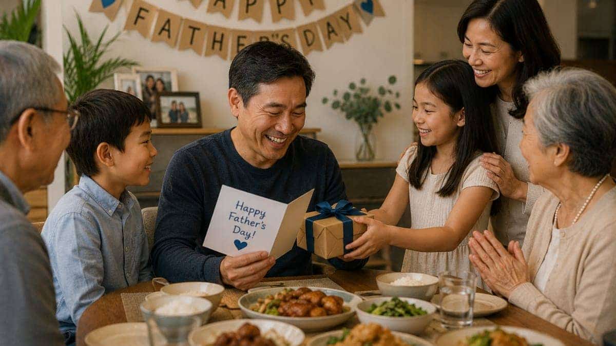 Multi-generational family celebrates Father's Day around the dinner table as children present a gift and card to their smiling father during a family meal.