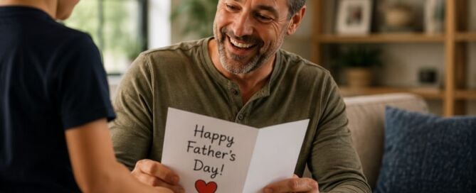 Father smiles while reading a handmade Father's Day card from his child, with a wrapped gift nearby in a cozy living room.