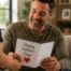 Father smiles while reading a handmade Father's Day card from his child, with a wrapped gift nearby in a cozy living room.