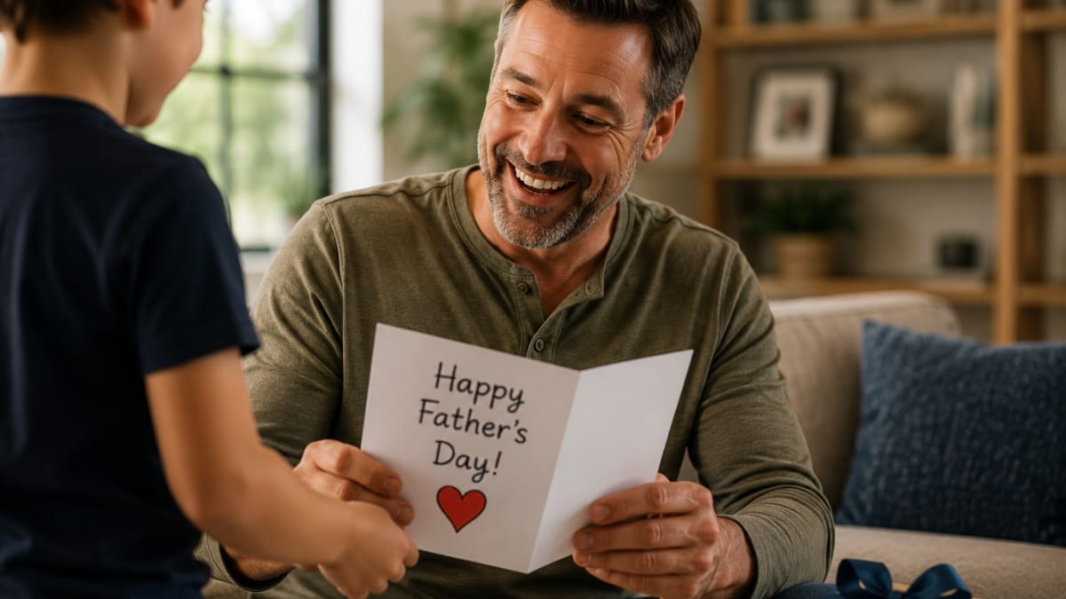 Father smiles while reading a handmade Father's Day card from his child, with a wrapped gift nearby in a cozy living room.