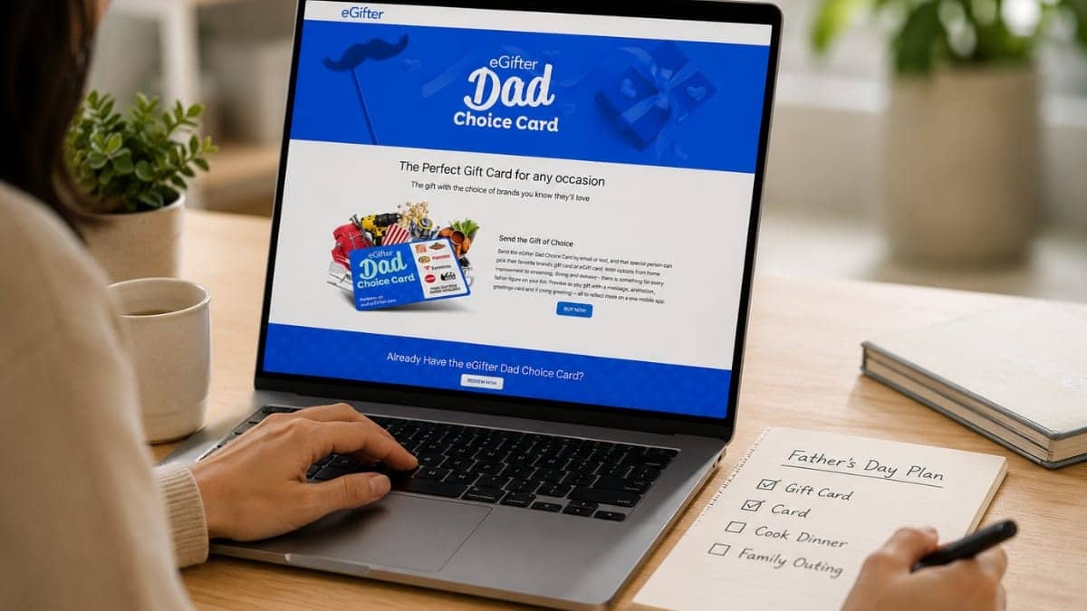 Person plans a Father's Day gift on a laptop featuring the eGifter Dad Choice Card while reviewing a Father's Day checklist that includes a gift card, dinner, and family activities.