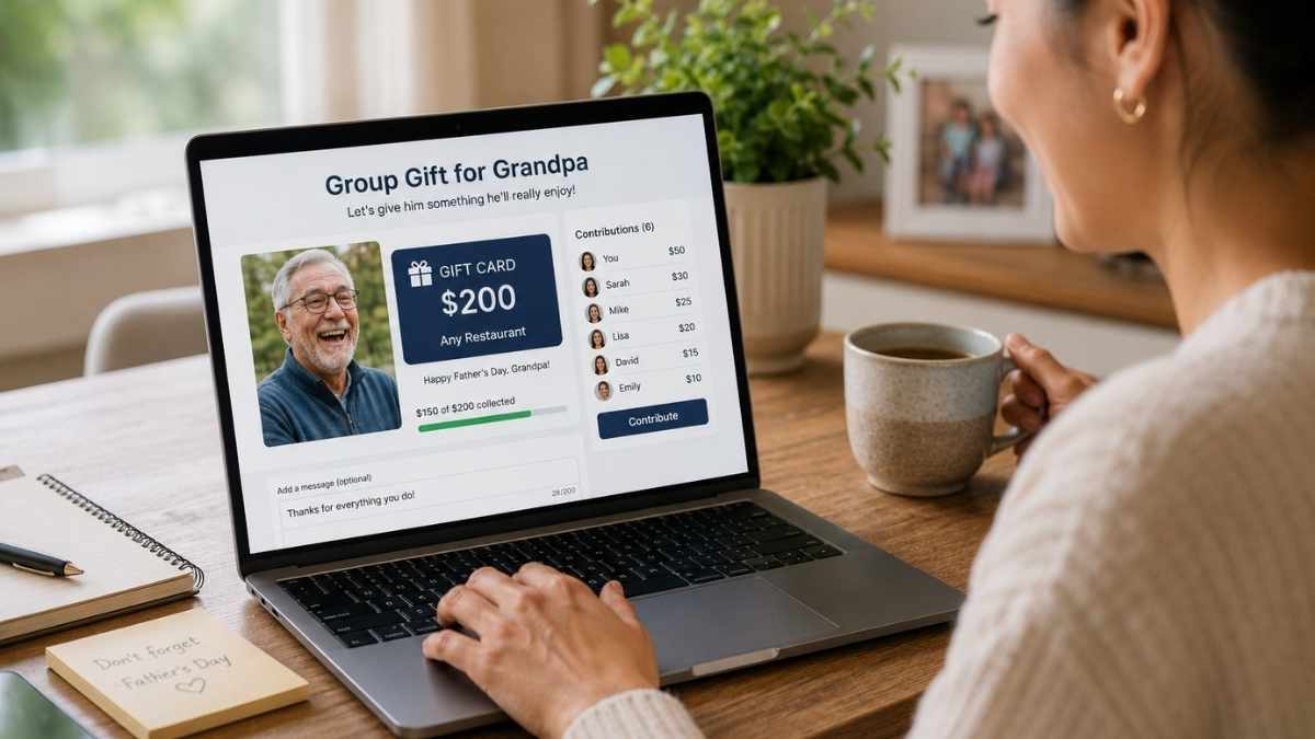 father’s day grandpa group gift Woman using a laptop to organize a group Father's Day gift card for Grandpa, collecting contributions and messages from family members.