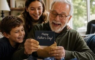 Grandfather smiling as he opens a Father's Day card while his grandchildren gather around him, celebrating together at home.