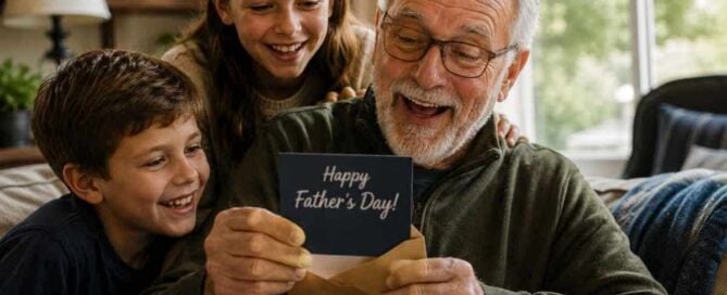 Grandfather smiling as he opens a Father's Day card while his grandchildren gather around him, celebrating together at home.