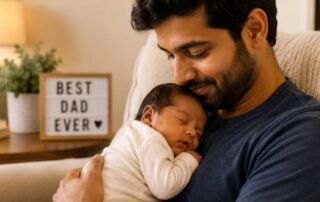 New father holding a sleeping newborn in a cozy living room on Father's Day, with a "Best Dad Ever" sign in the background.