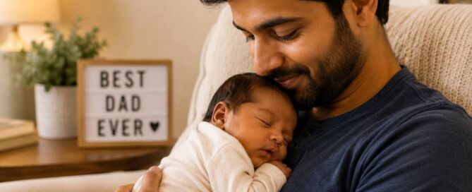 New father holding a sleeping newborn in a cozy living room on Father's Day, with a "Best Dad Ever" sign in the background.
