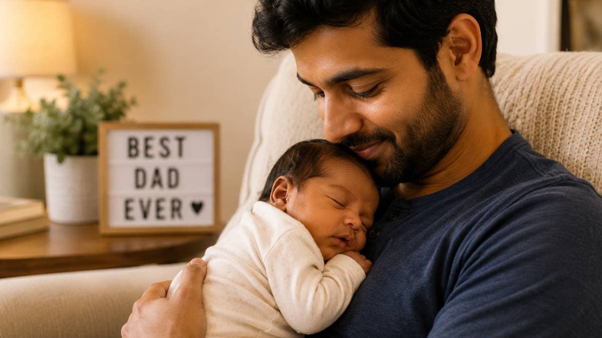 New father holding a sleeping newborn in a cozy living room on Father's Day, with a "Best Dad Ever" sign in the background.
