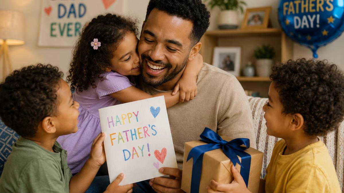Young children surprising their father with a handmade Father's Day card and gift while celebrating together at home.