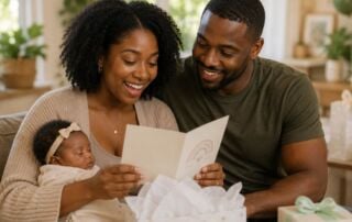 New parents reading a congratulatory card while holding their newborn baby at home