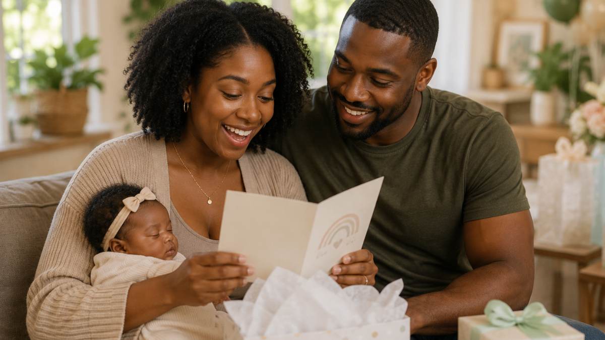 New parents reading a congratulatory card while holding their newborn baby at home