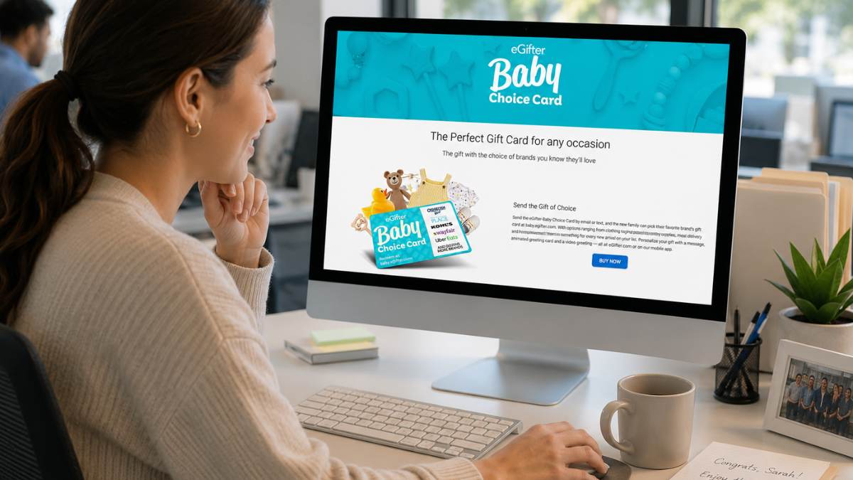 Office employee purchasing an eGifter Baby Choice Card online for a coworker with a new baby
