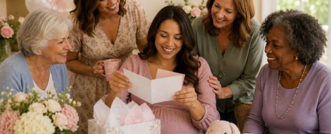 Expectant mother opening a card surrounded by family and friends at a baby shower