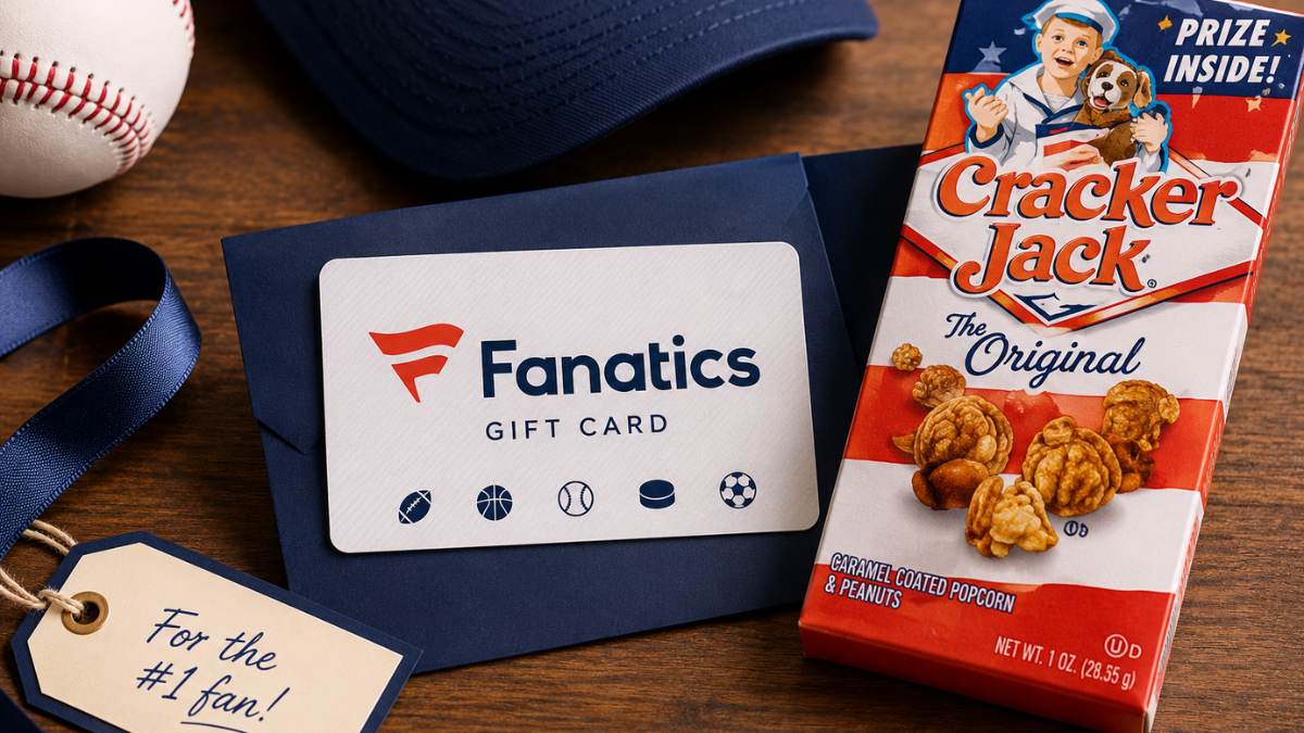 Styled gift pairing featuring a Fanatics gift card, a box of Cracker Jack, and a handwritten gift tag, showing how a small companion item can make a gift card feel more thoughtful and personal.