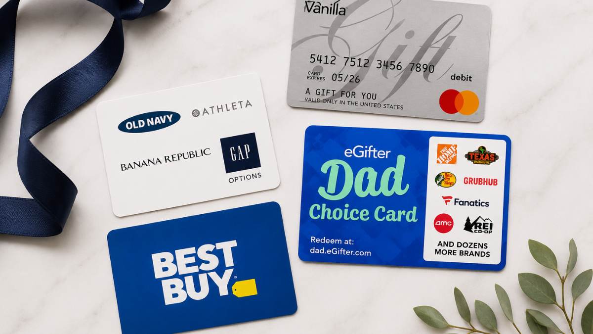 Flat lay comparing four types of gift cards—a single-store card, multi-brand card, eGifter Choice Card, and open-loop prepaid card—to illustrate different levels of gift card flexibility.