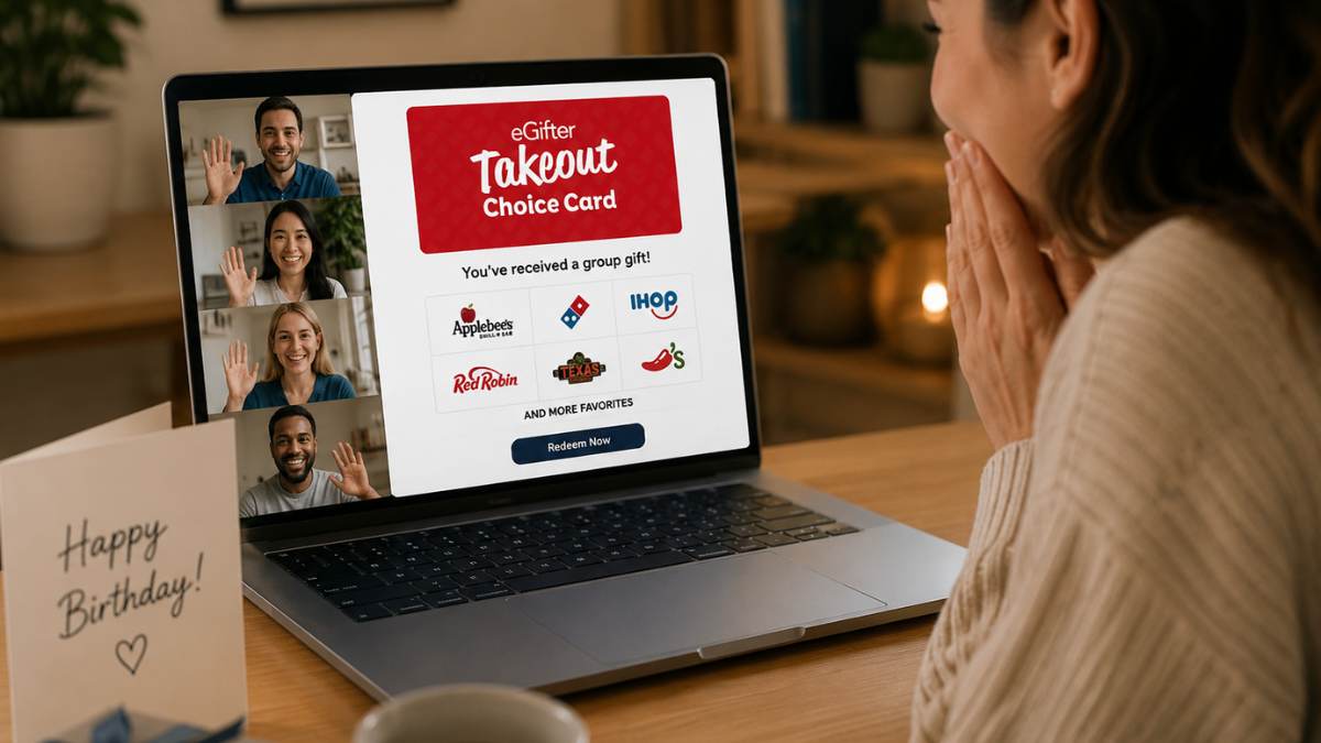 Person receiving a digital eGifter Takeout Choice Card during a video call with friends, illustrating how group gift contributions can be delivered remotely as a shared surprise.