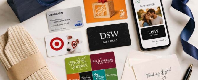 Flat lay of a thoughtfully arranged collection of physical and digital gift cards, a smartphone displaying a personalized digital gift card, stationery, ribbon, and gift packaging, representing creative and flexible ways to give gift cards.