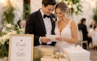 Newly married couple reading a wedding card beside a gift table at their reception