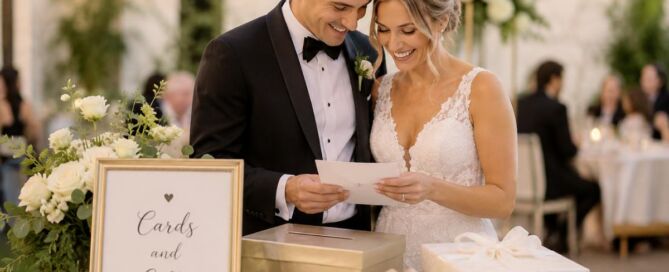 Newly married couple reading a wedding card beside a gift table at their reception