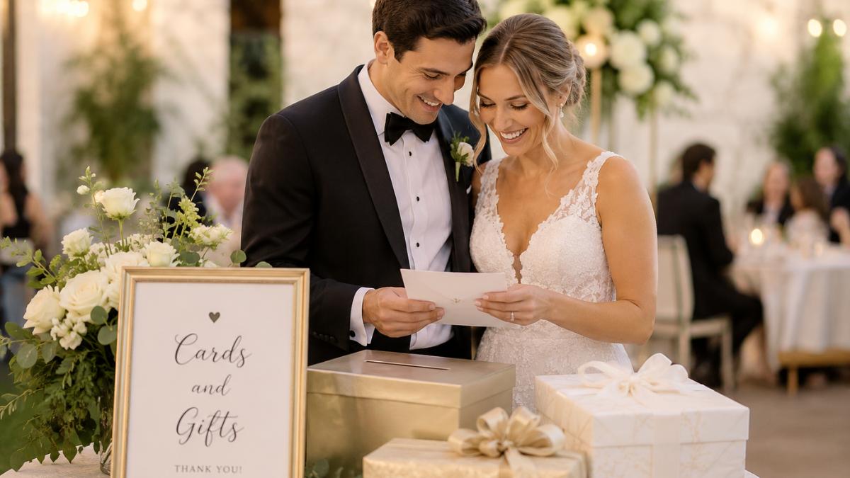 Newly married couple reading a wedding card beside a gift table at their reception