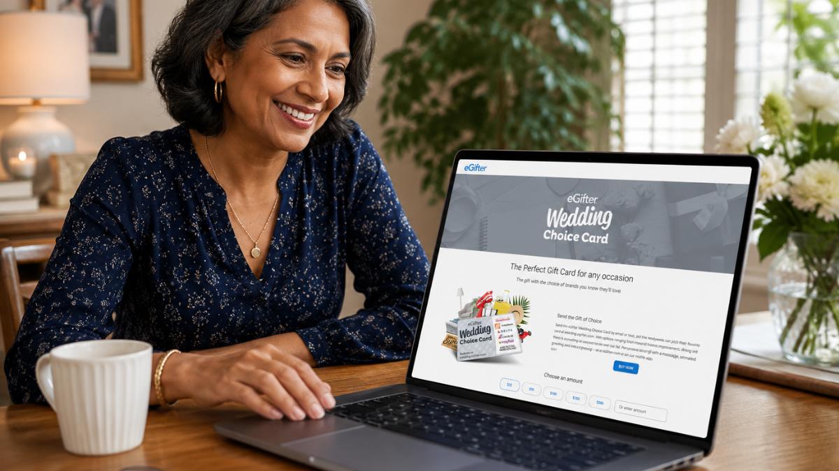Woman purchasing an eGifter Wedding Choice Card online as a wedding gift