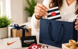 Gift cards from several popular brands displayed beside wrapped gifts and a gift bag, illustrating different gift card options for gifting.