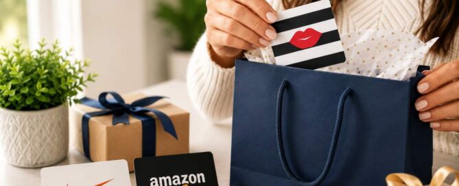 Gift cards from several popular brands displayed beside wrapped gifts and a gift bag, illustrating different gift card options for gifting.