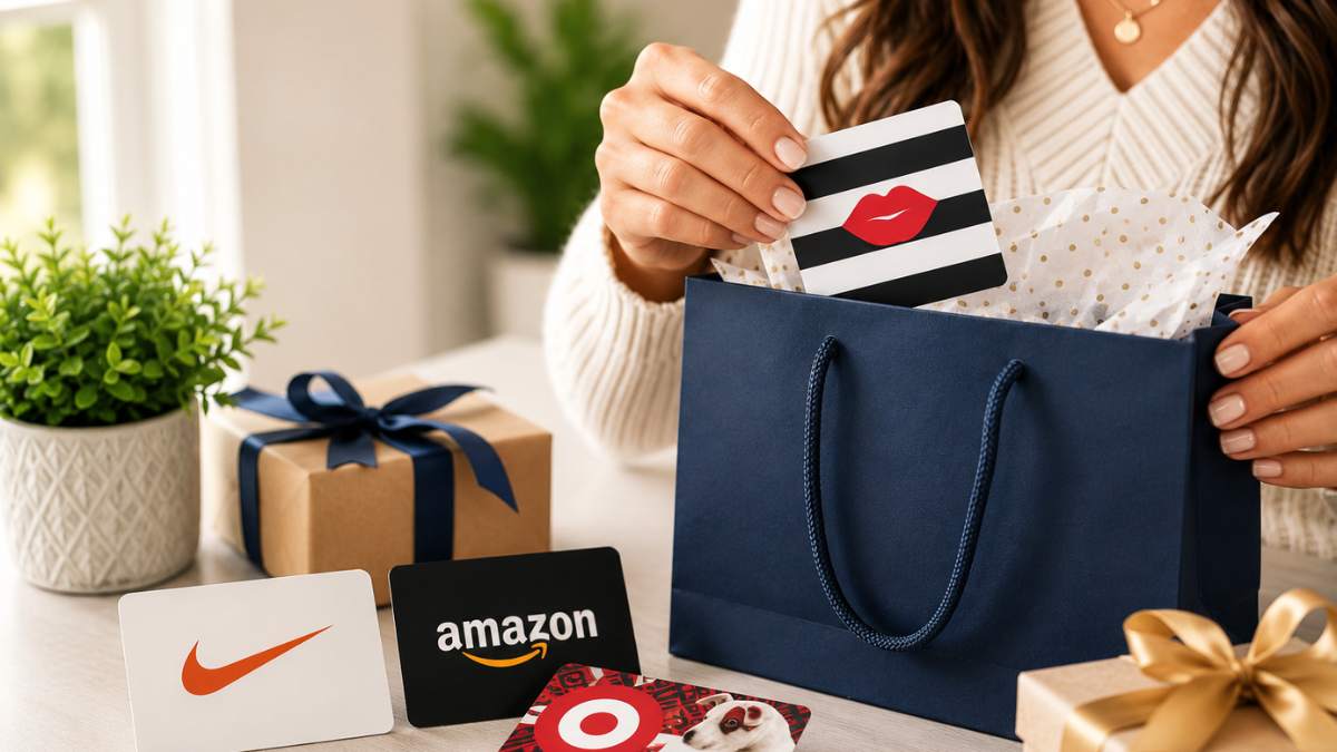 Gift cards from several popular brands displayed beside wrapped gifts and a gift bag, illustrating different gift card options for gifting.