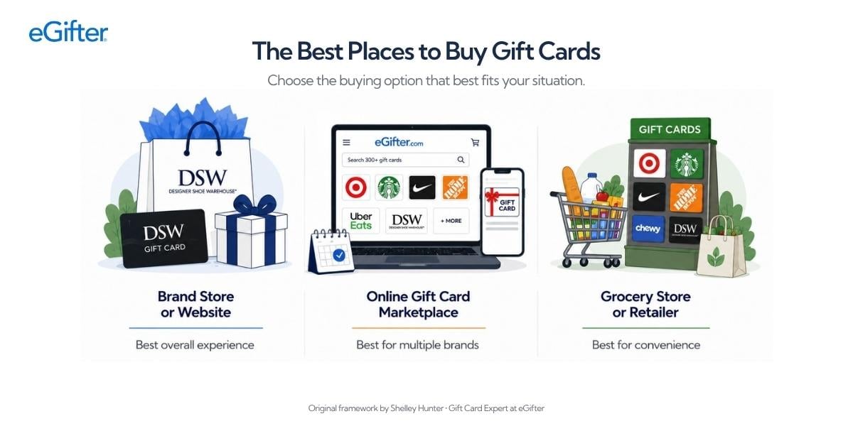 Comparison illustration showing three ways to buy gift cards: directly from a brand, through the eGifter.com online marketplace, or from a grocery store or other retailer.