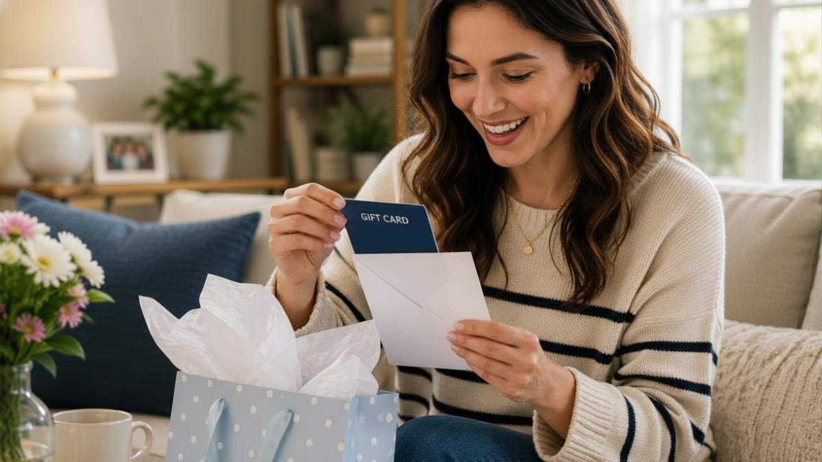 A woman smiling as she opens a greeting card and discovers a gift card inside, showing the excitement of receiving a thoughtful gift card.