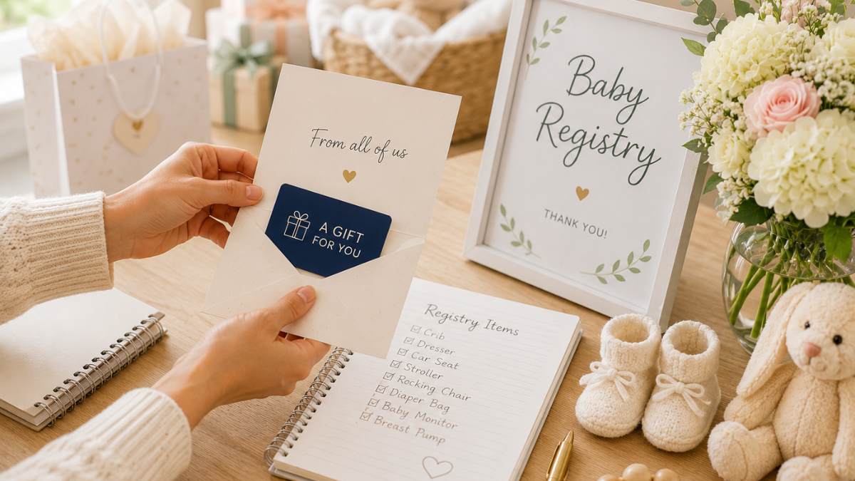 how much to spend on gift cards baby Greeting card with a gift card at a baby registry gift table, illustrating how multiple gifts can contribute toward larger purchases for a growing family.