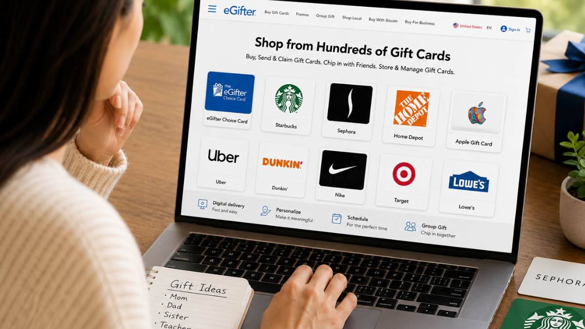 how much to spend on gift cards choosing Woman browsing gift cards on eGifter.com to choose the right gift card for a recipient before deciding how much to spend.
