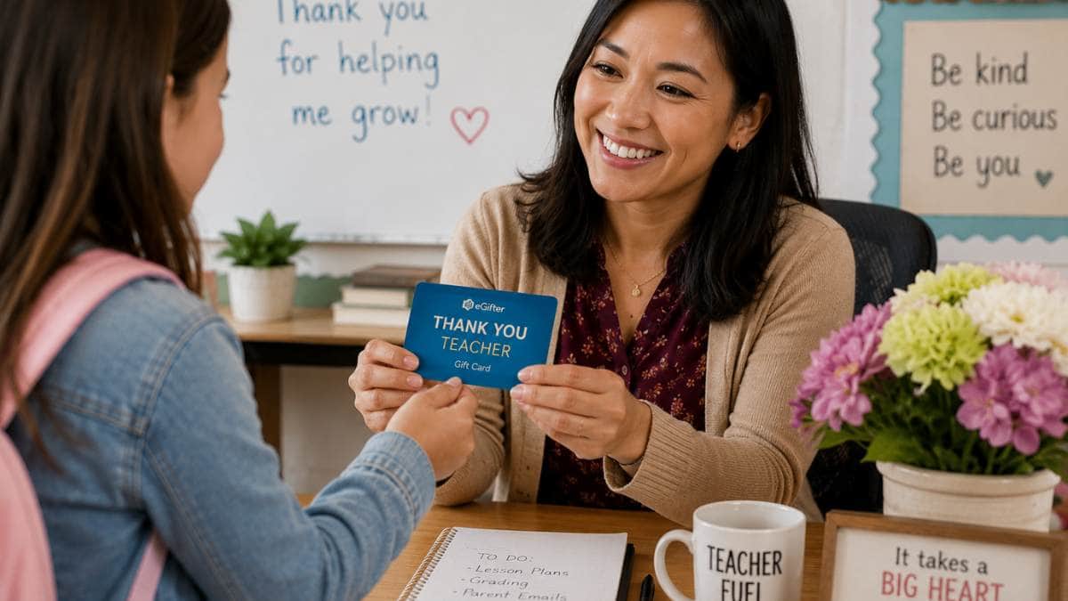 how much to spend on gift cards for teacher Teacher smiling as a student presents a thank-you gift card in a classroom, illustrating a thoughtful teacher appreciation gift.
