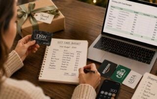 Woman planning a holiday gift card budget while comparing gift card amounts and organizing gifts on a table.