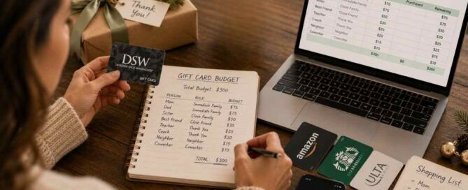 Woman planning a holiday gift card budget while comparing gift card amounts and organizing gifts on a table.